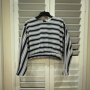 Zara Blue and White Stripped Elastic Crop Long Sleeve Top Size Small